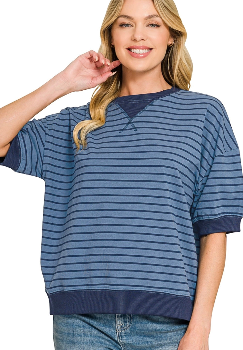 Stripped Rib Banded Pullover Top