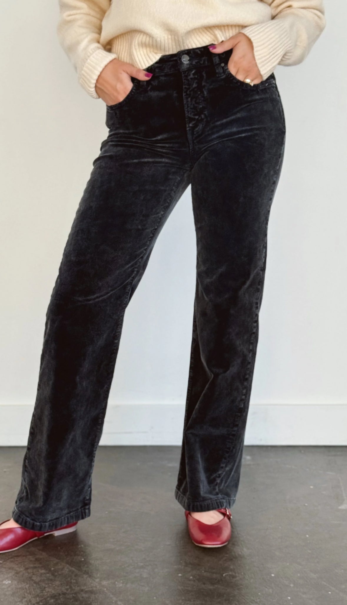 High Rise Barrel Leg Pants with Flocking Detail