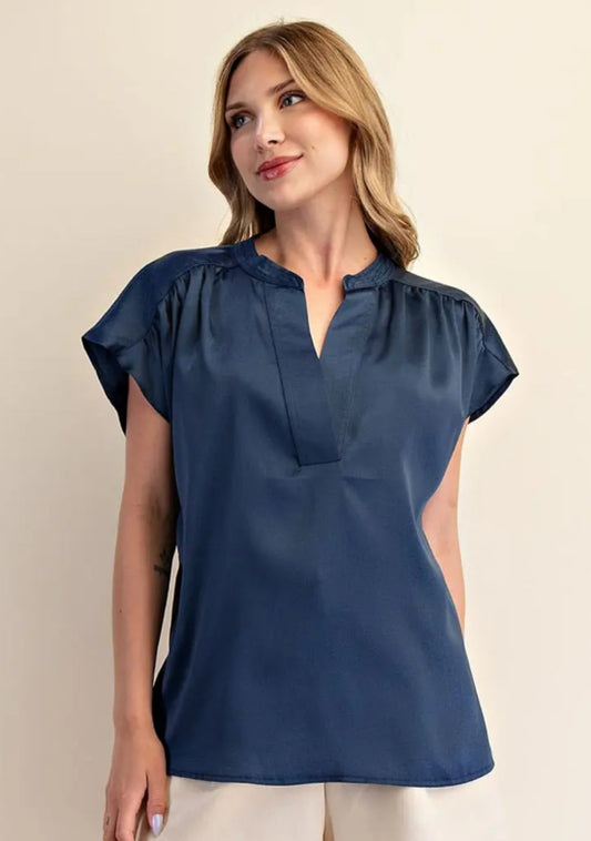 Navy Round Neck V-Neck Drop Satin Blouse