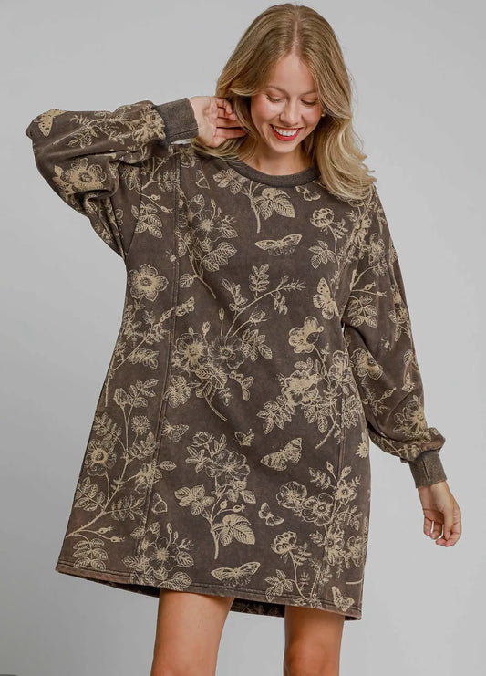Washed French terry dress w/pockets in Ash Olive color