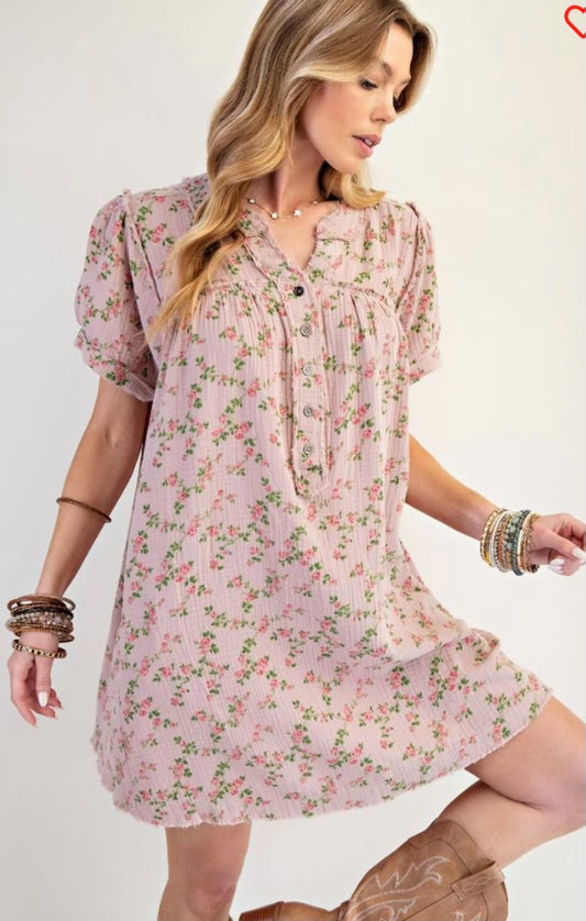 FLORAL PRINTED COTTON
GAUZE MINERAL WASHED DRESS