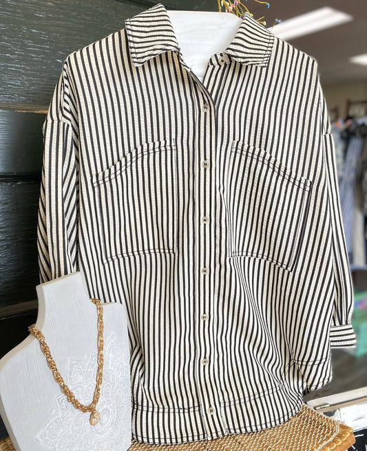 Black & White Stripe Double Pocket Blouse