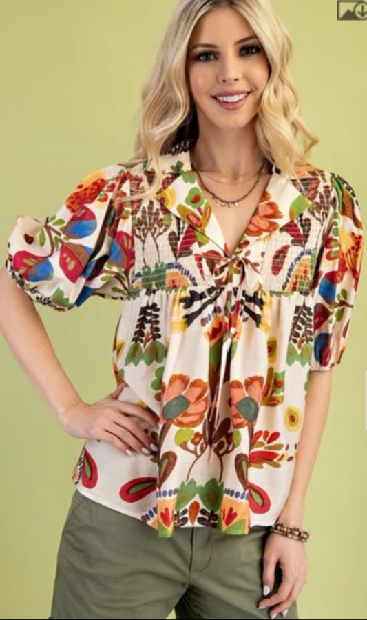 Floral Collared Blouse with Tie Strings