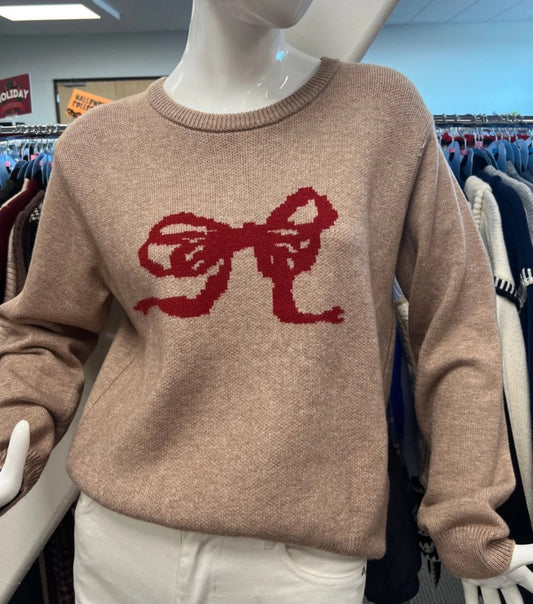 Taupe Sweater with Red Bow Detailing