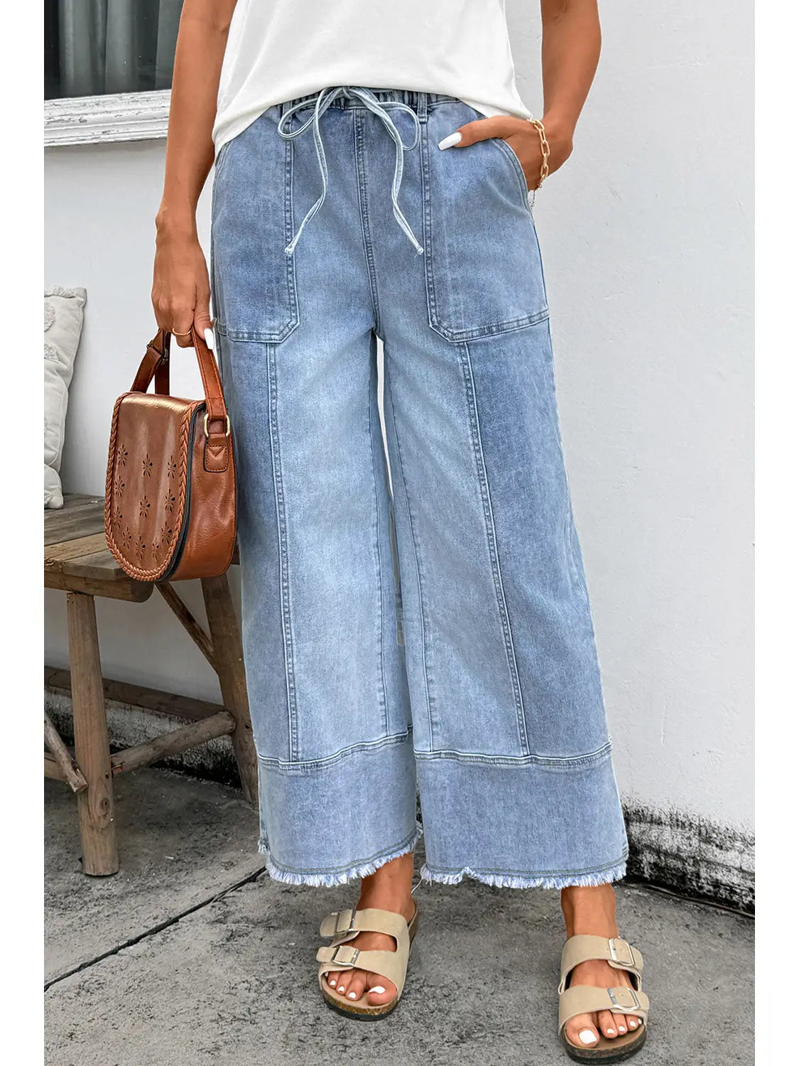 Drawstring Seam Detailing Jeans With Elastic Waistband