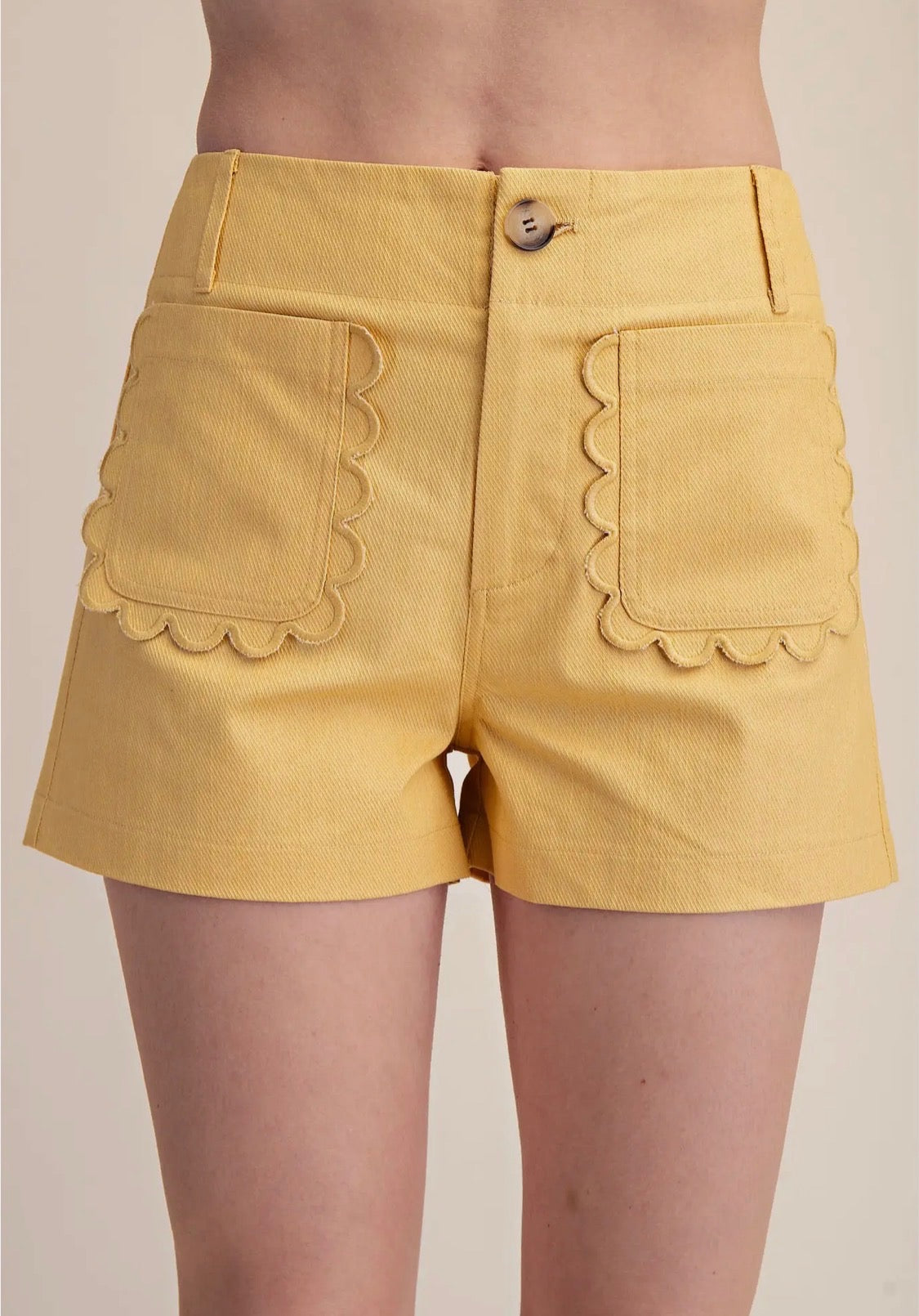 Yellow Scalloped Pocked High Rise Shorts