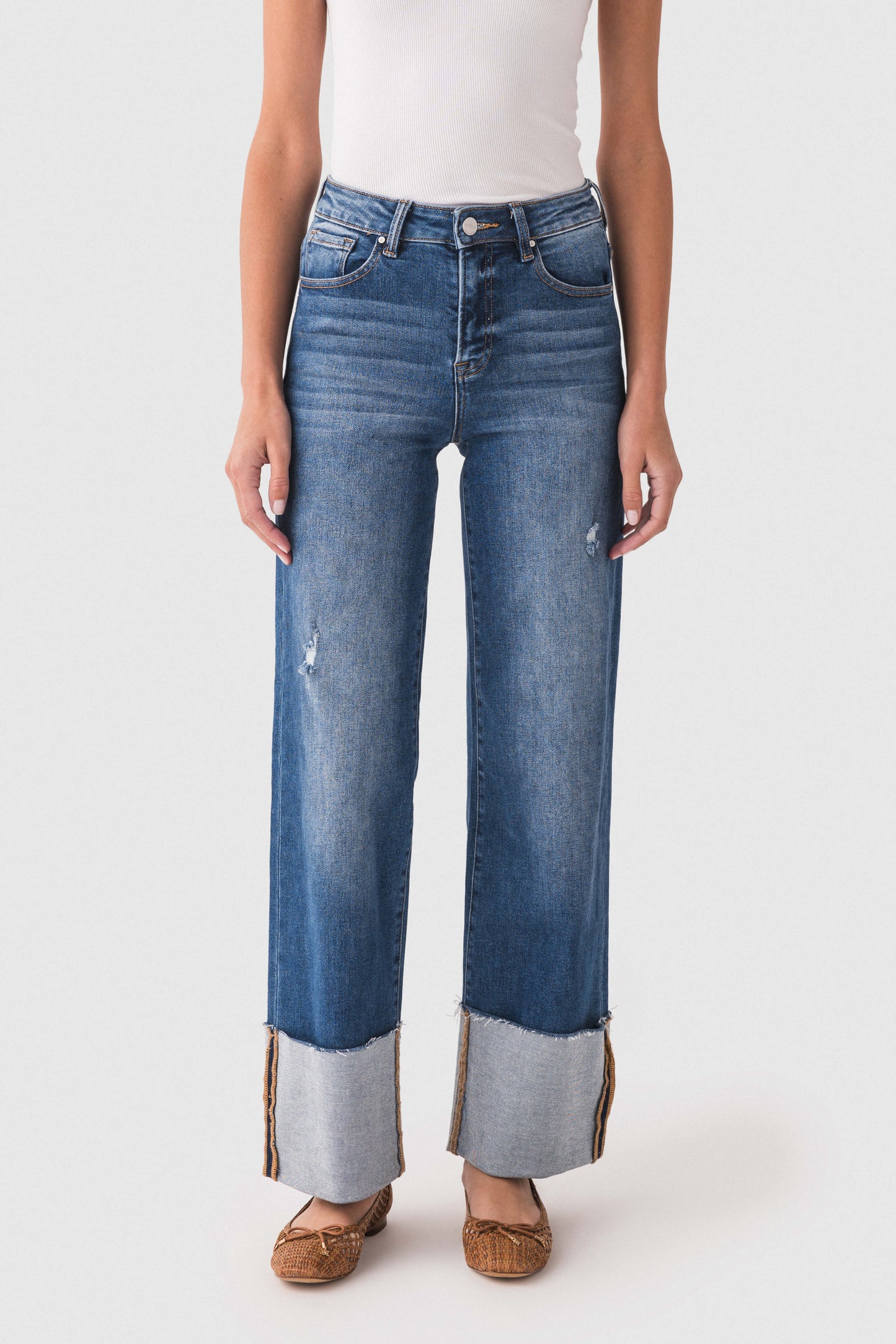 Risen Jeans Mid Rise Light Wash Cuffed Denim