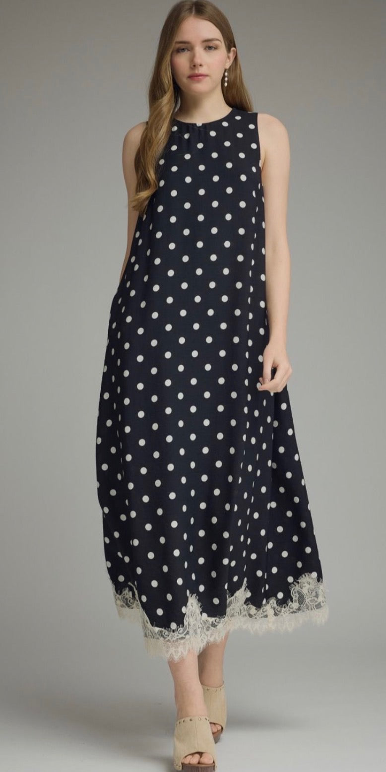 Sleeveless Polkadot Midi Dress With Lace Trim