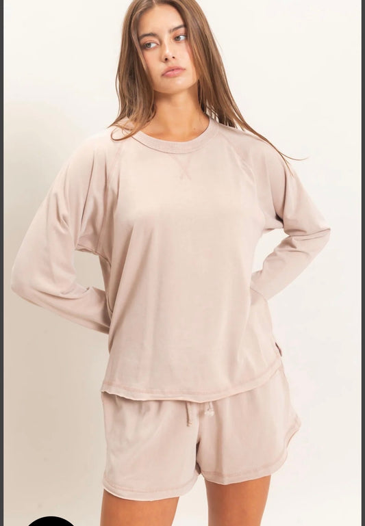 Mineral Wash Dark Taupe Long Sleeve Shorts Set