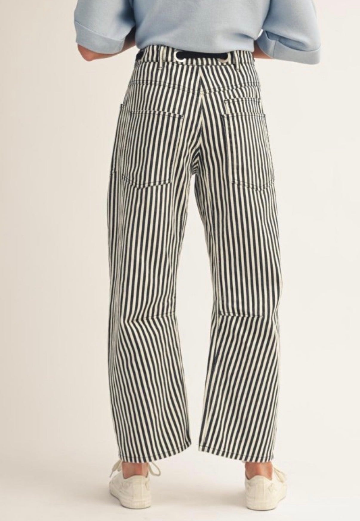 Black And White Striped Patch Work Jeans With Drawstring
