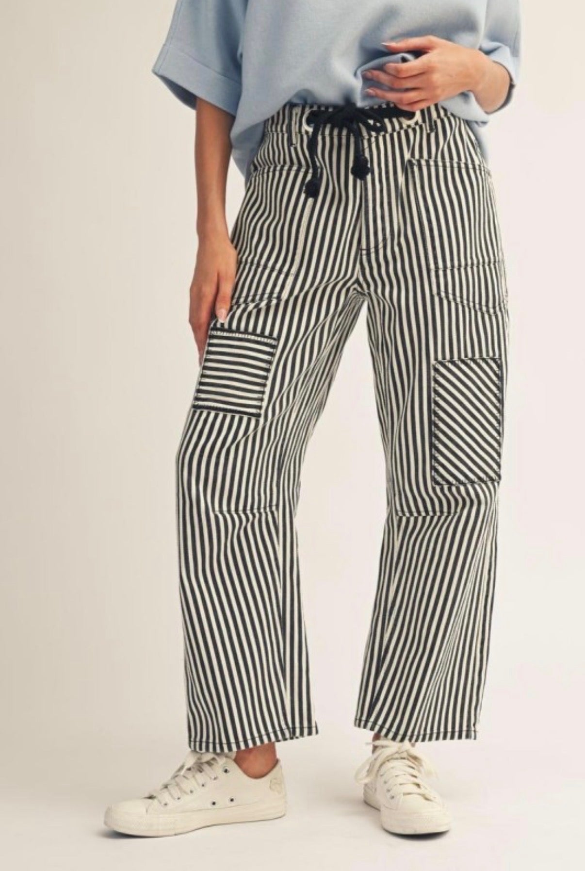 Black And White Striped Patch Work Jeans With Drawstring