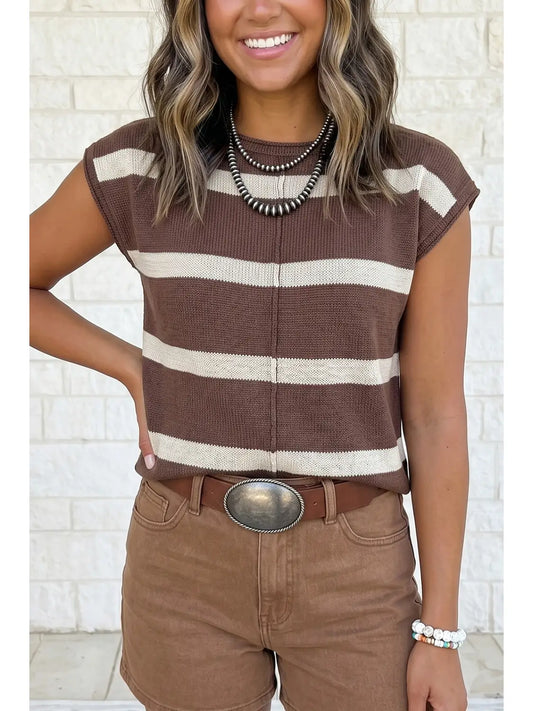 Brown Stripe Cap Sleeve Sweater