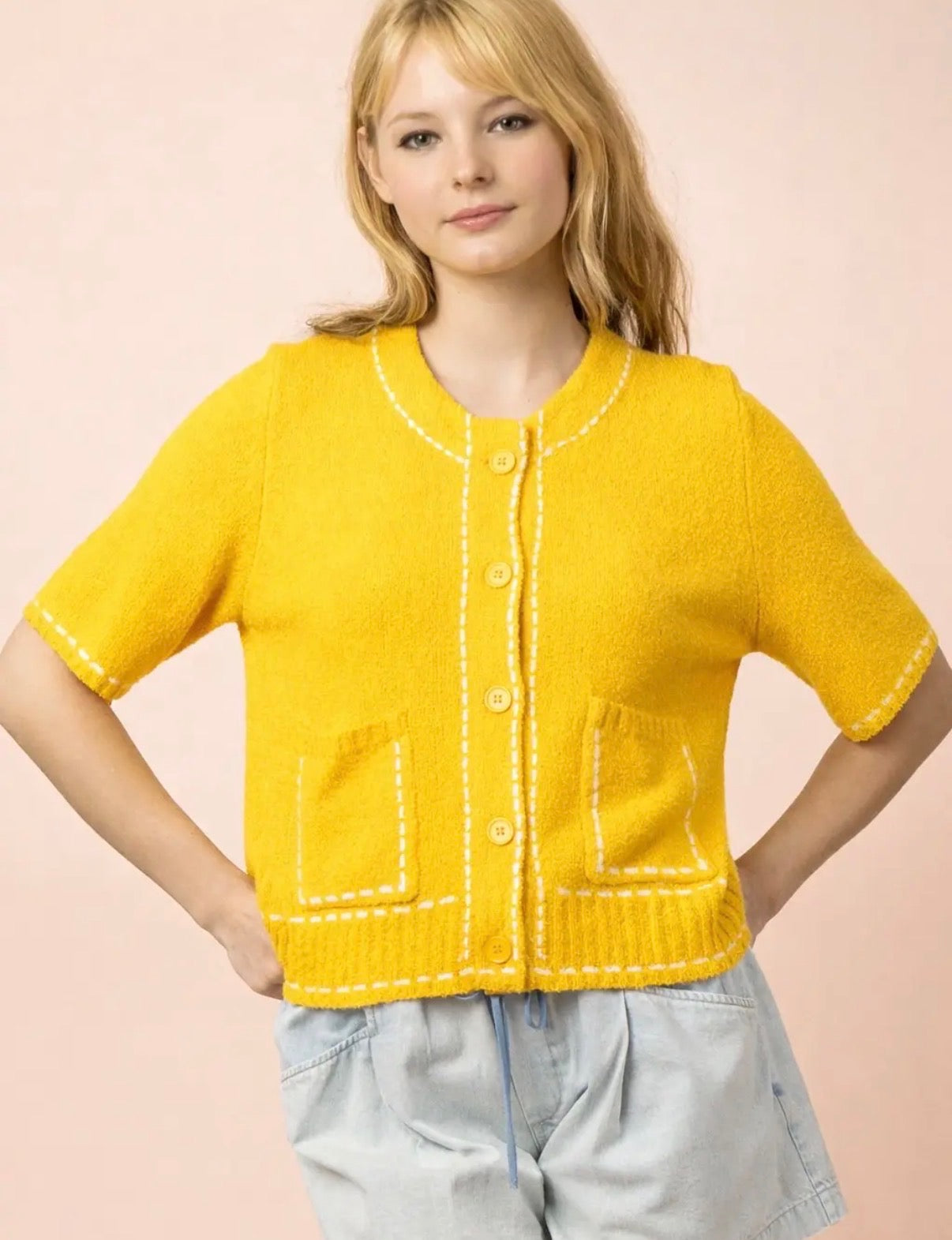 Yellow Knit Sweater Top with Patch Work