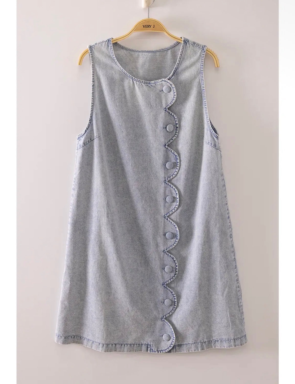 Scallop Button Washed Denim Dress