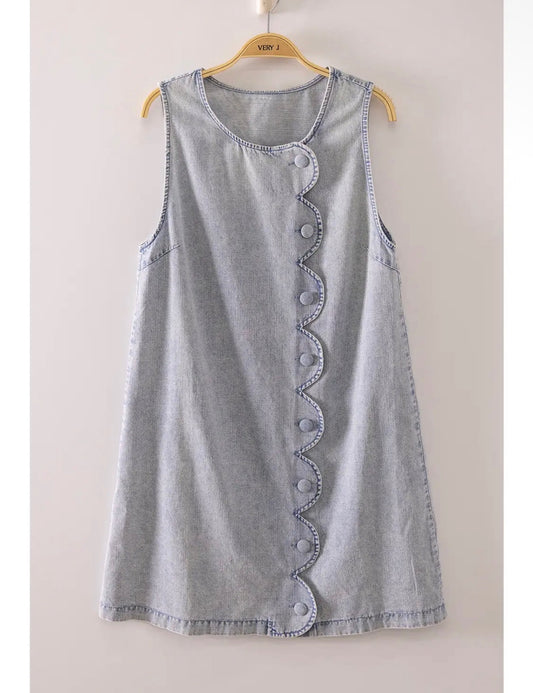 Scallop Button Washed Denim Dress