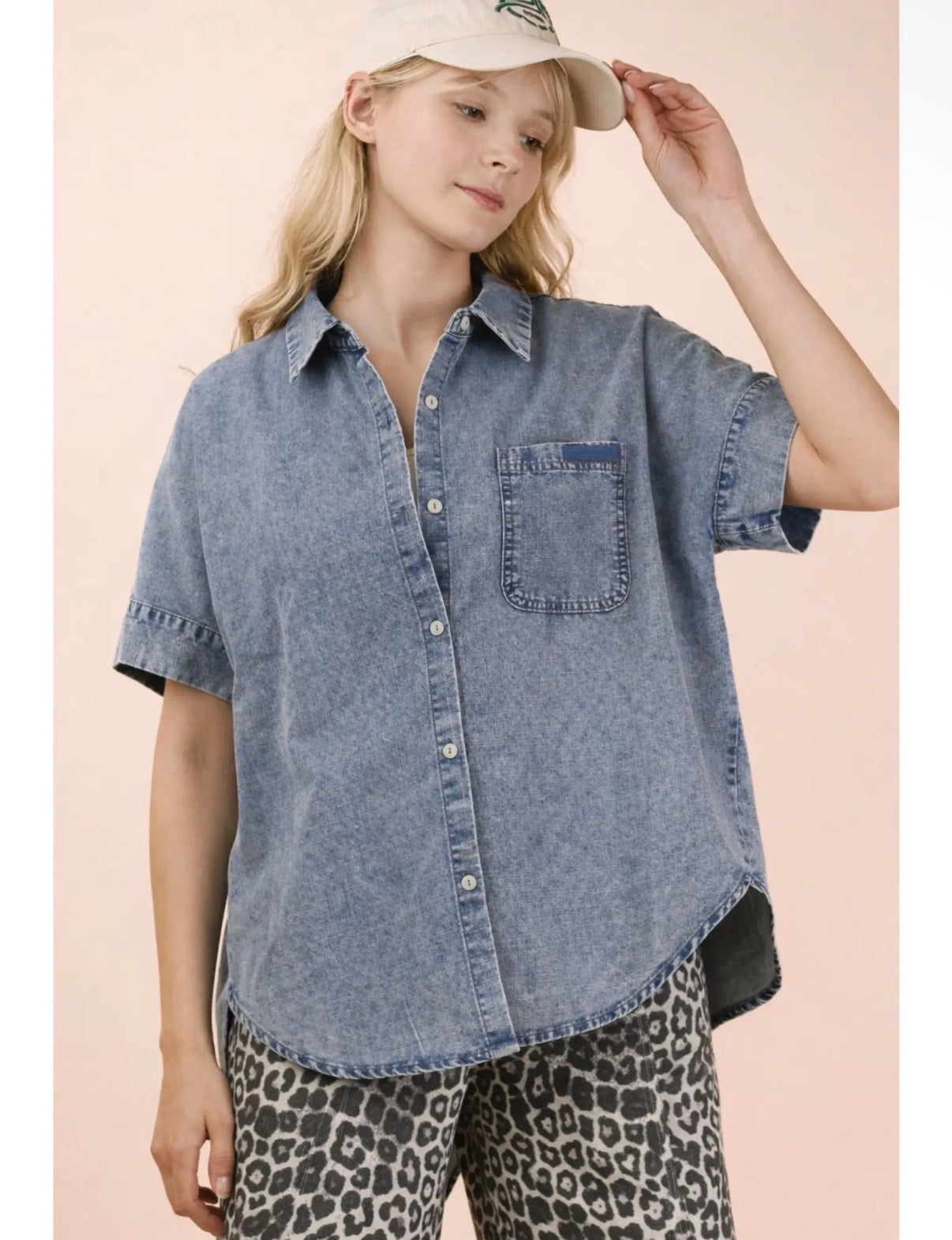 Mineral Washed Chambray Oversized Shirt Top