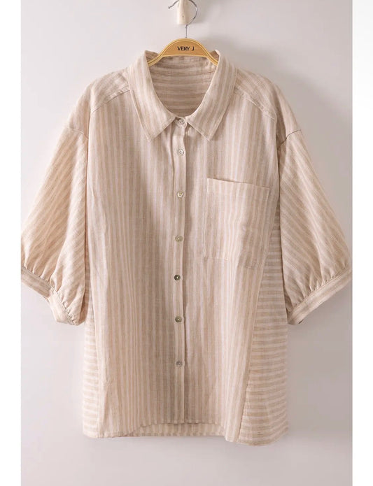 Plus Size Stripe Half Puff Sleeve Shirt Top