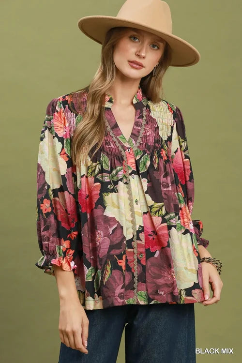 Black Floral Mix Print Blouse
