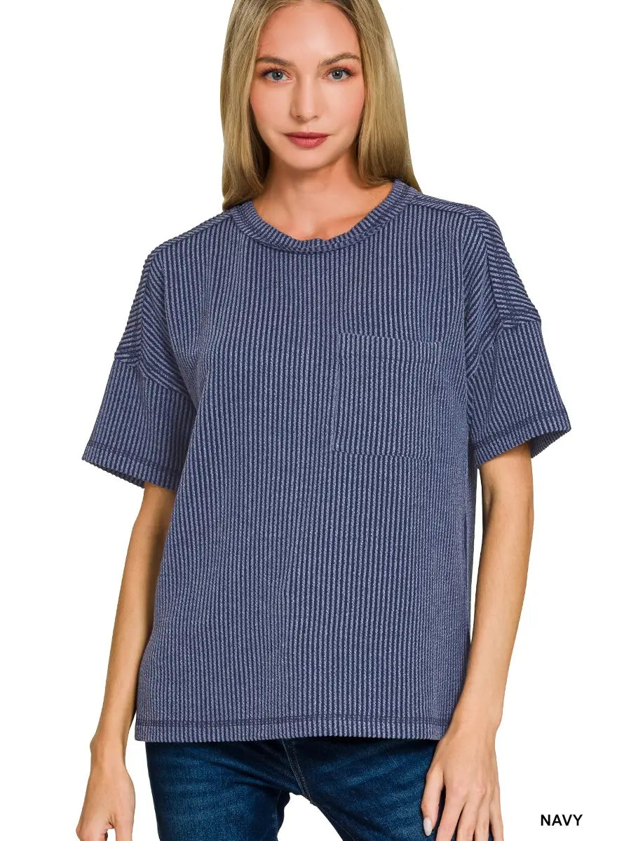 Raised Rib Exposed Seam Short Sleeve Top