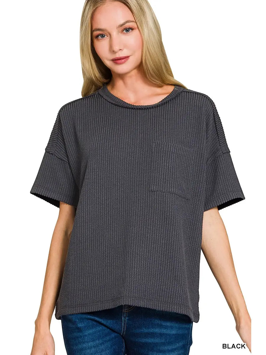 Raised Rib Exposed Seam Short Sleeve Top