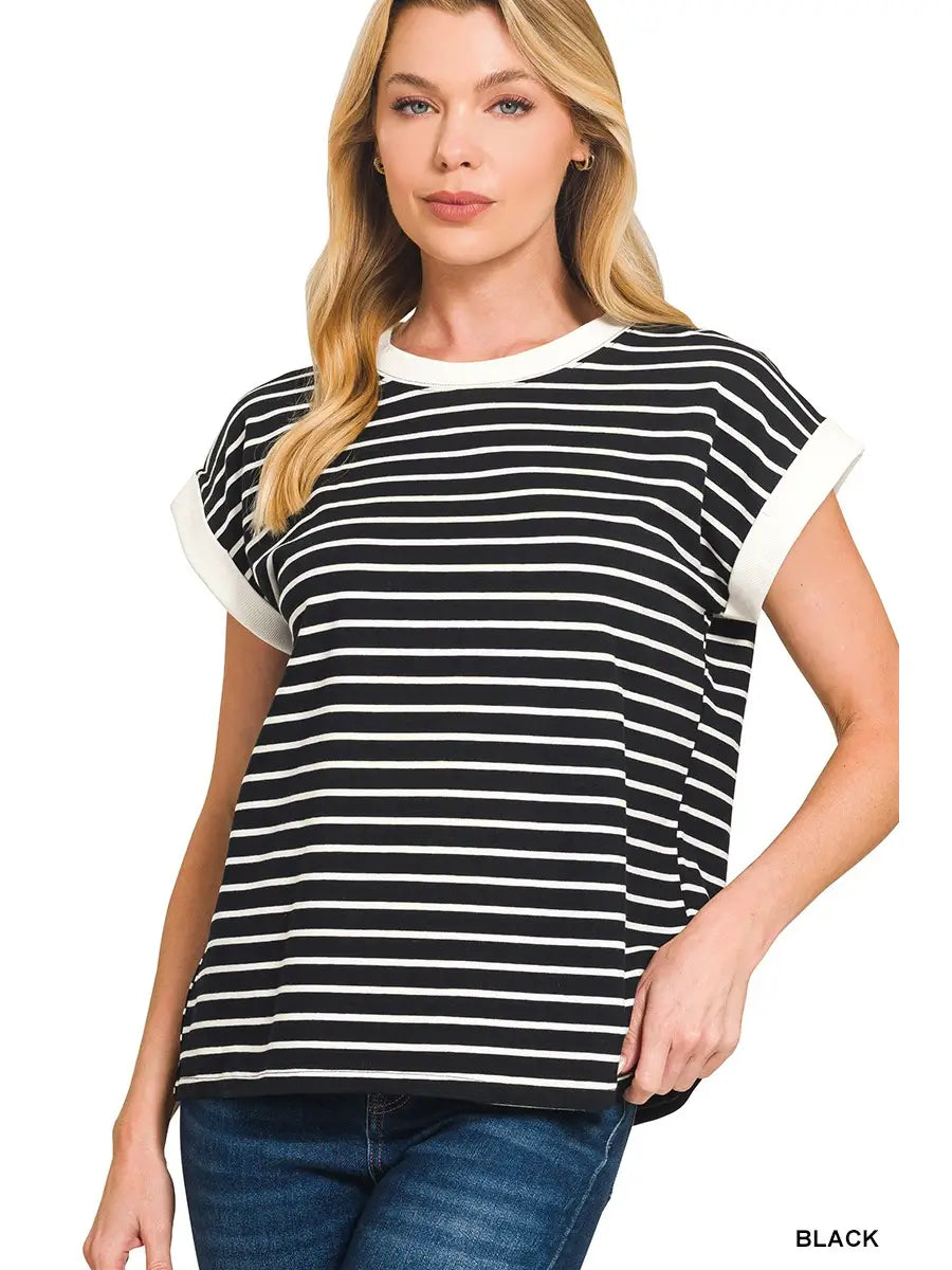 Contrast Trim Cap Sleeve Stripe Tee