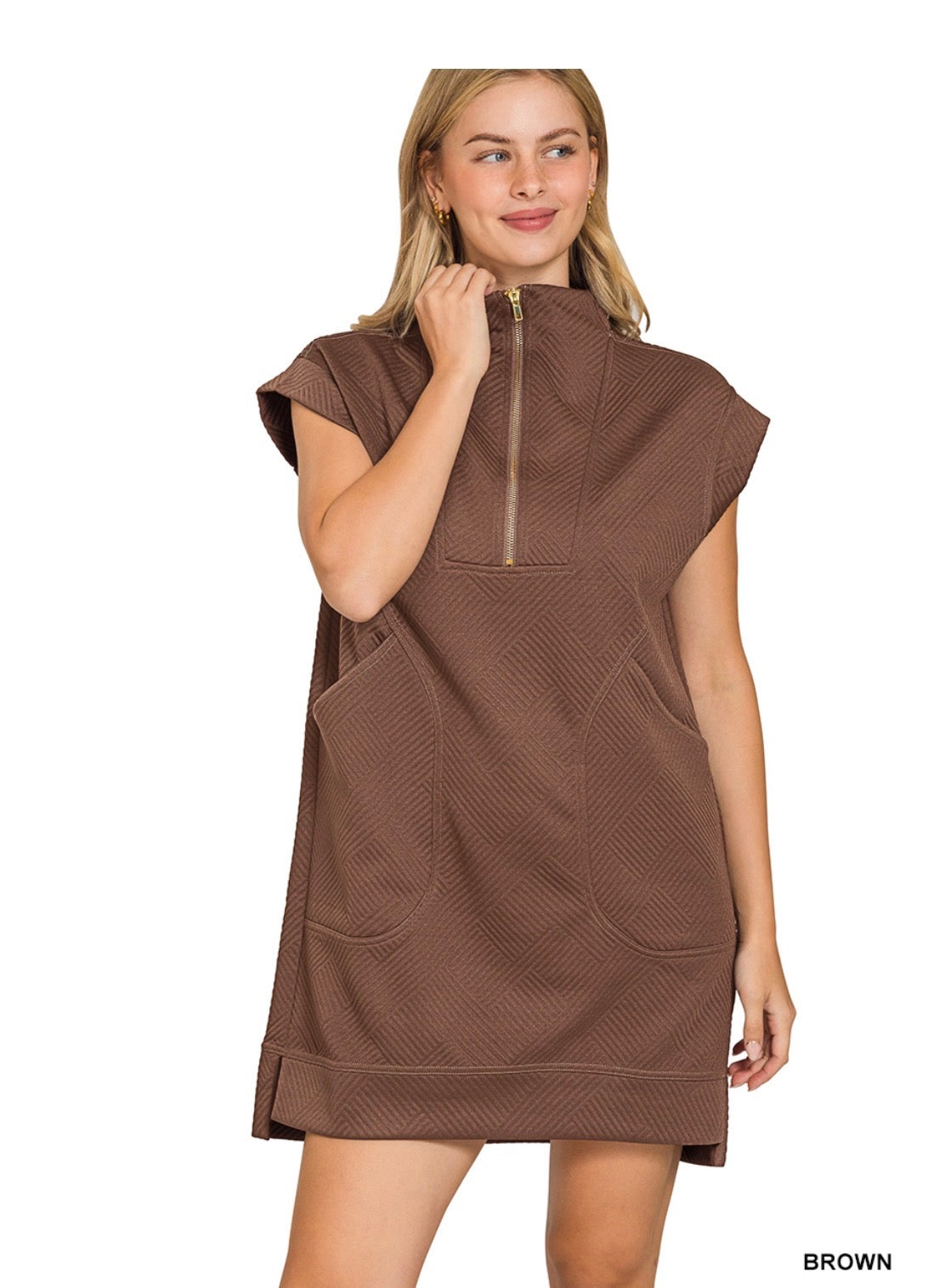 Textured Knit Jacquard Quarter Zip Mini Dress