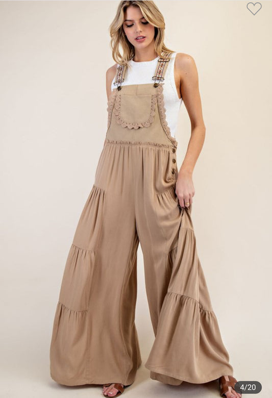 Lace Trim Tiered Overalls