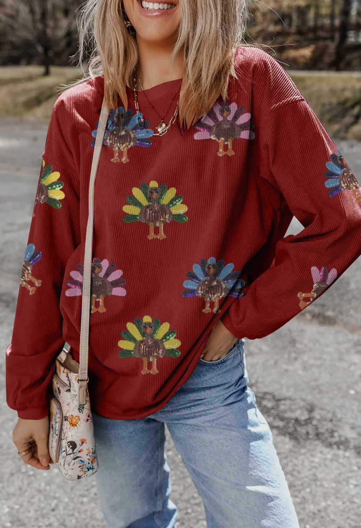 Sequin Turkey Maroon Sweatshirt