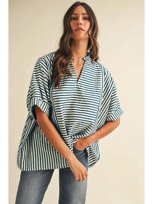 Stripe Ruffle Neck Loose Fit Blouse