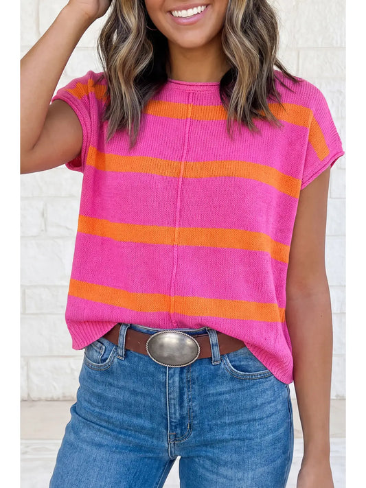 Striped Short Sleeve Knit Sweater