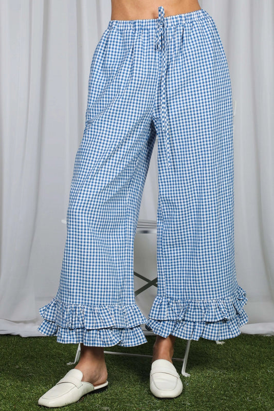 Gingham Casual Ruffle Cropped Pants