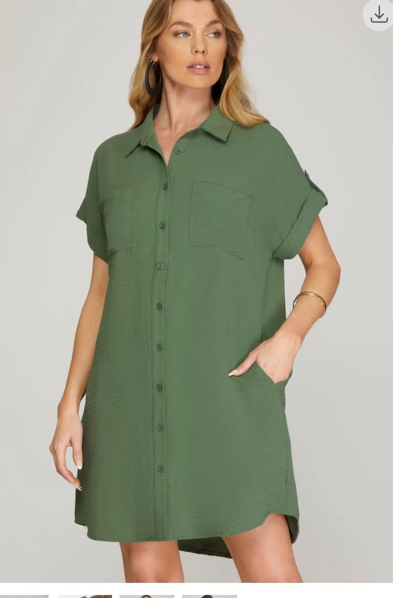 Drop Shoulder Button Up Woven Shirt Dress