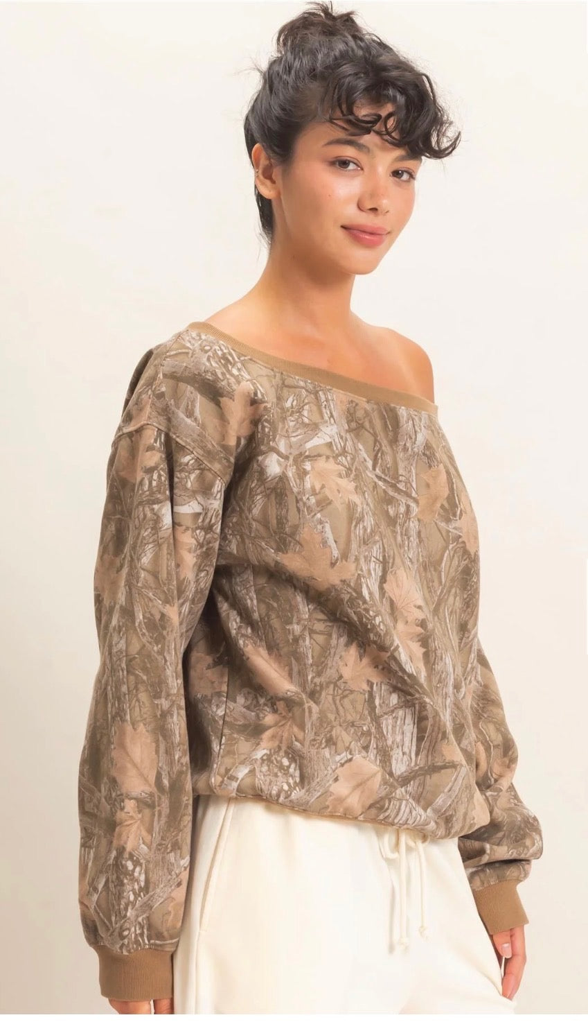 Tree Camouflage Print Off the Shoulder Sweatshirt