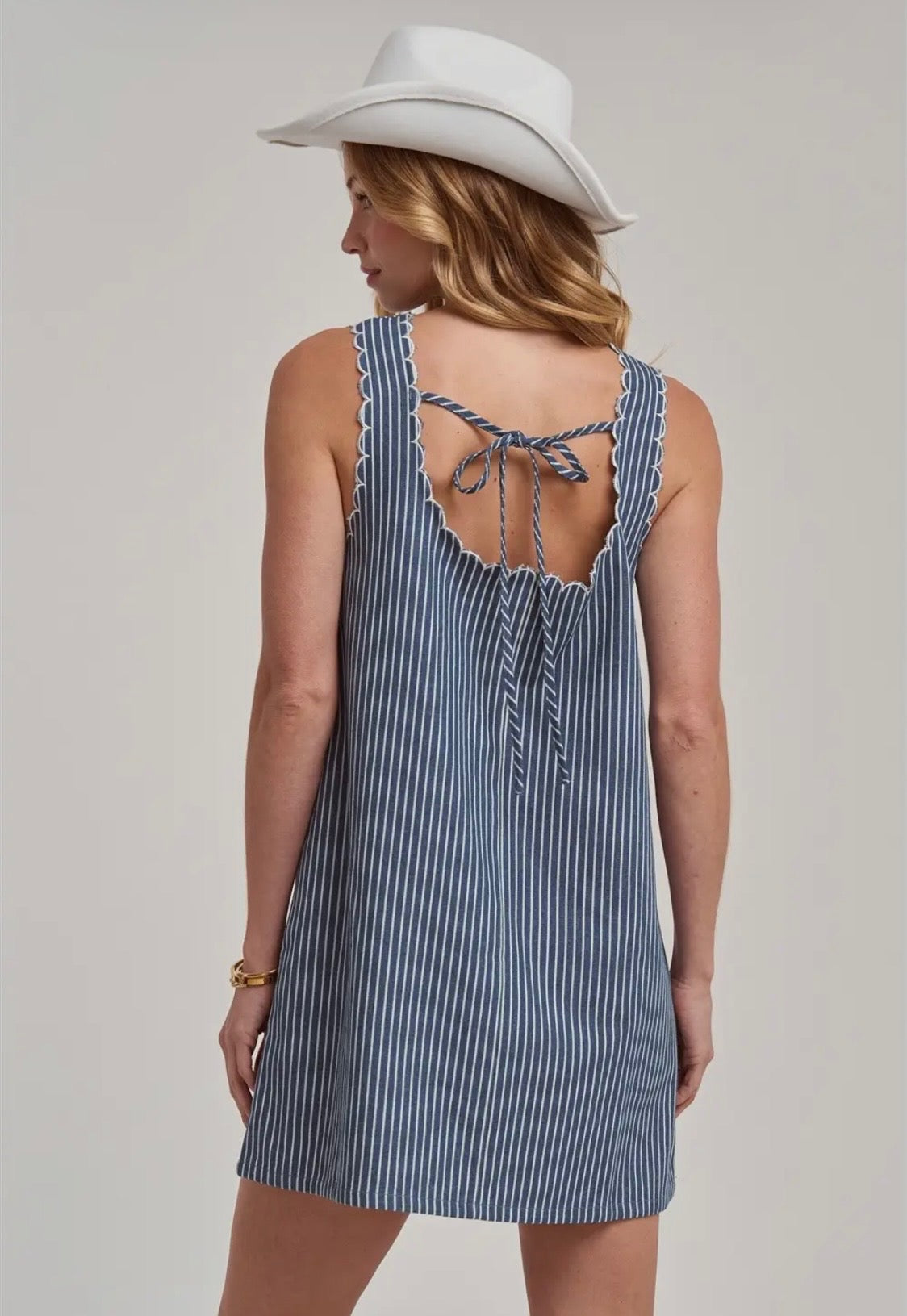 Striped Sleeveless Denim Mini Dress With Tie Back