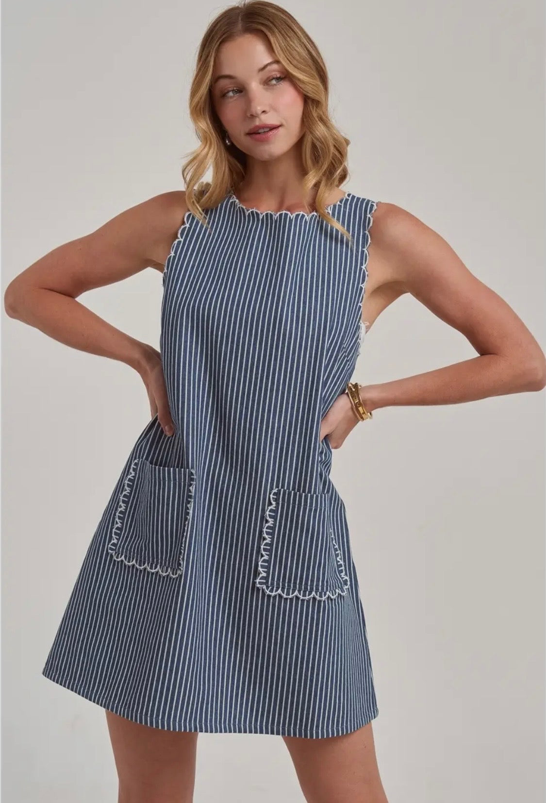 Striped Sleeveless Denim Mini Dress With Tie Back
