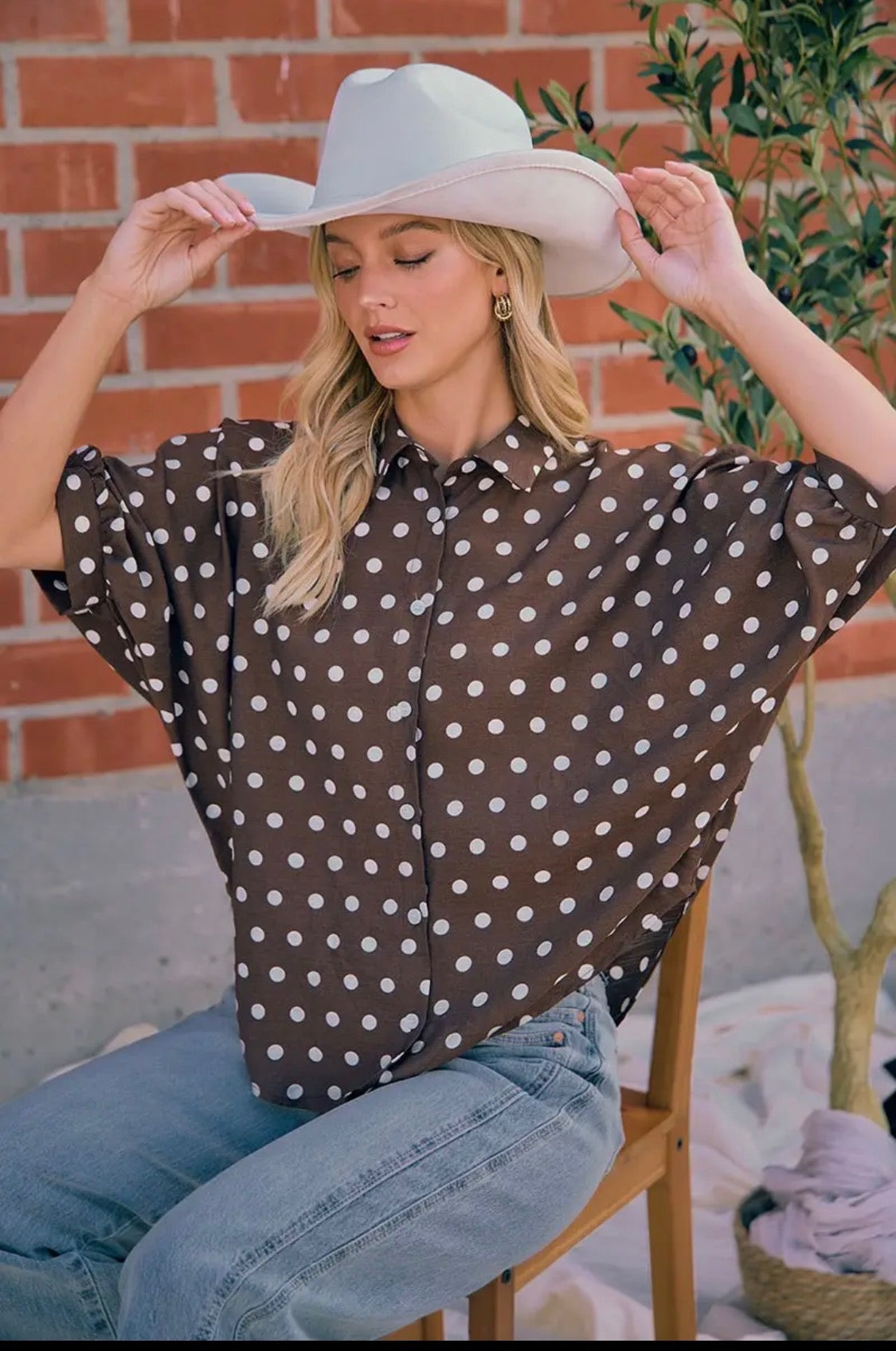 Polkadot Printed Woven Dolman Sleeve Top