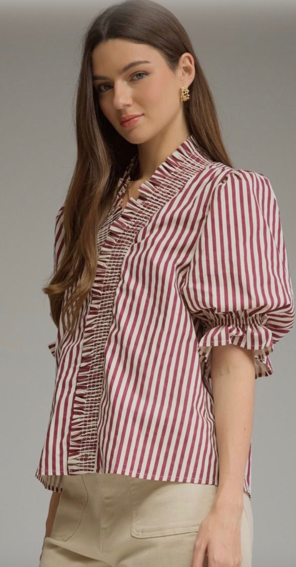 Stripe 3/4 Puff Sleeve Top