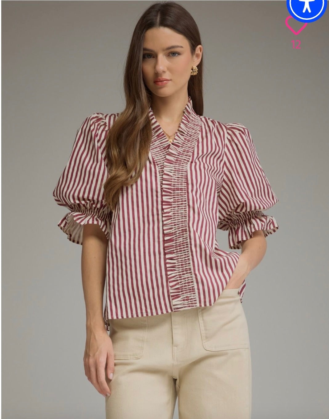 Stripe 3/4 Puff Sleeve Top