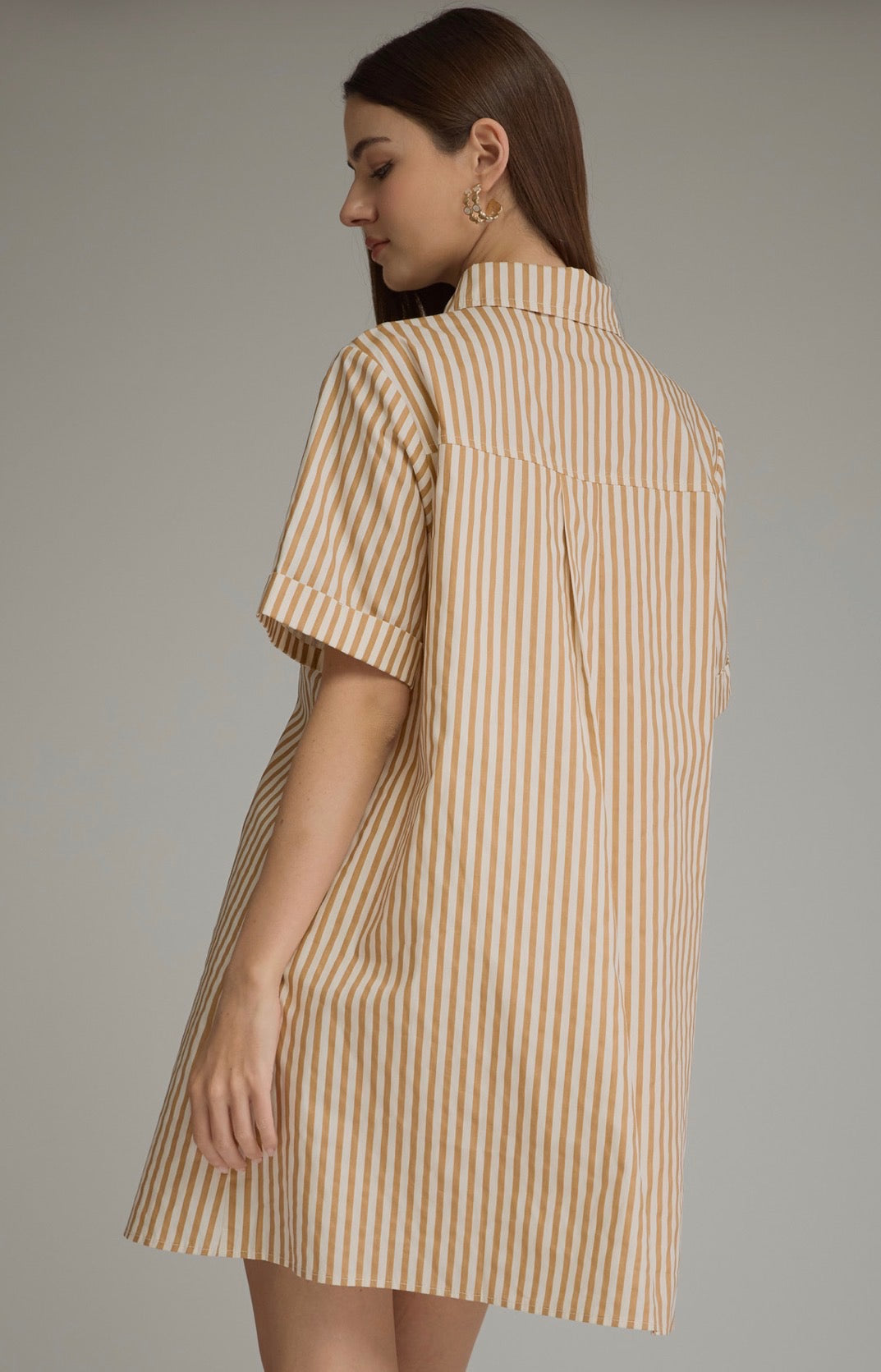 Brown and cream striped shirt dress w/pockets