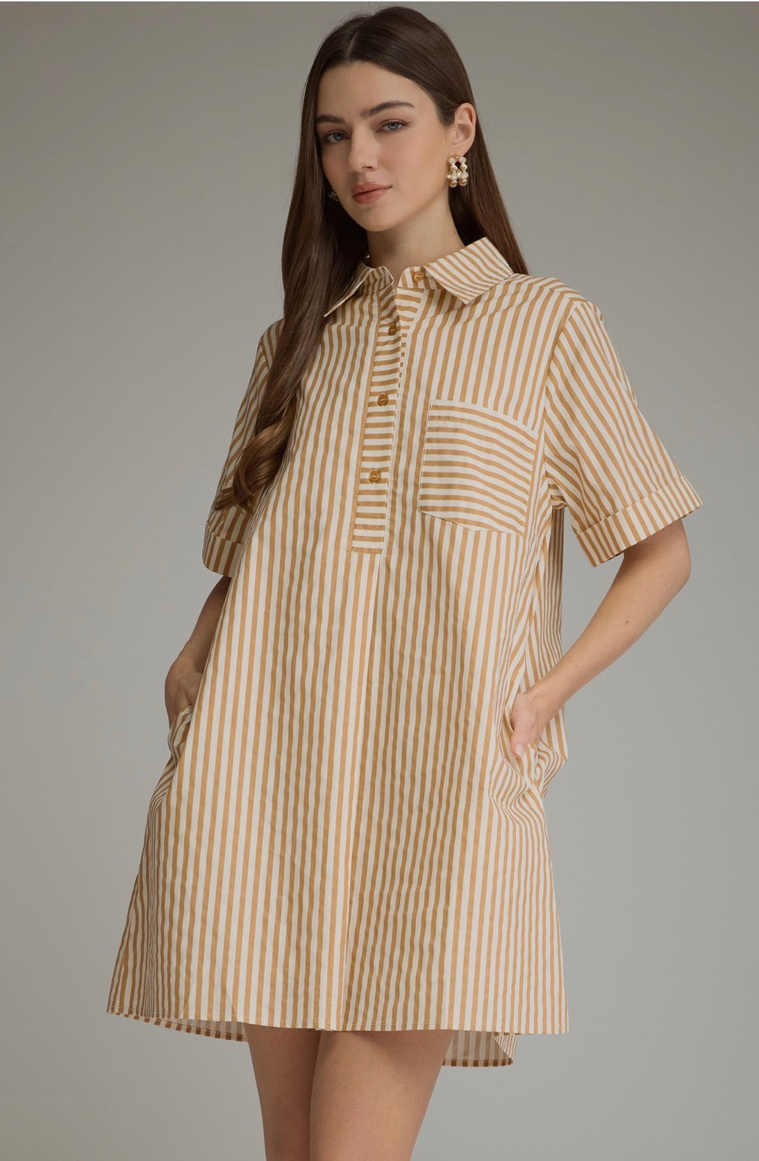 Brown and cream striped shirt dress w/pockets