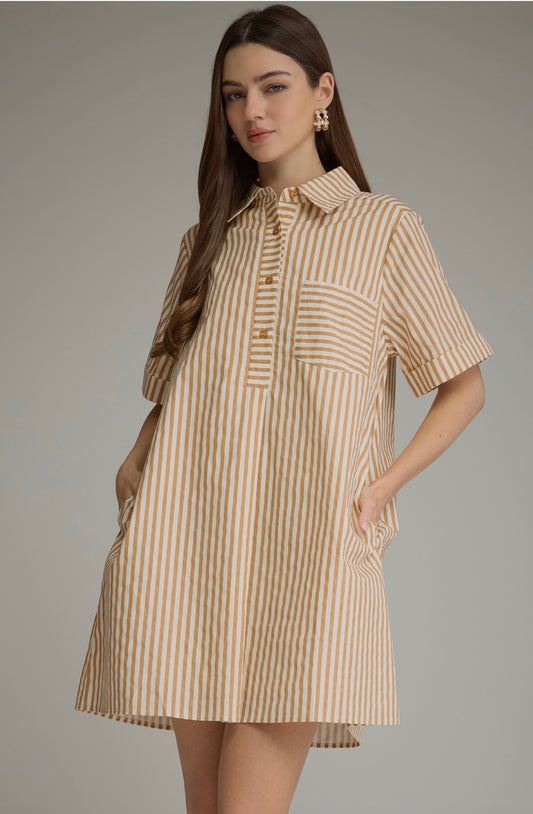 Brown and cream striped shirt dress w/pockets