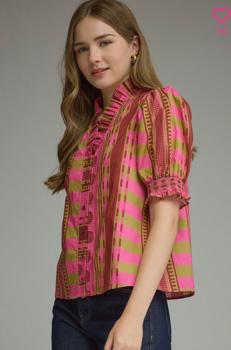 Mixed Print Short puffed sleeve w/ruffle neck detail