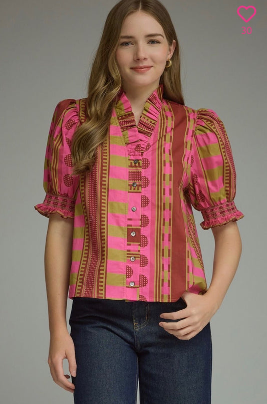 Mixed Print Short puffed sleeve w/ruffle neck detail