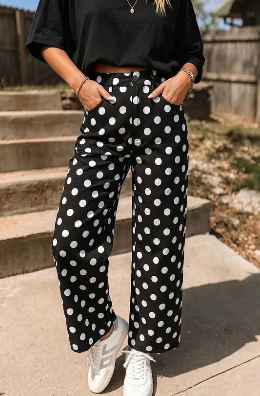 Polka Dot Patched Pockets Mid Rise Straight Leg Pants