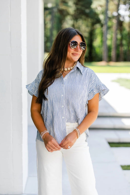 Blue Striped Ruffle Sleeve Blouse