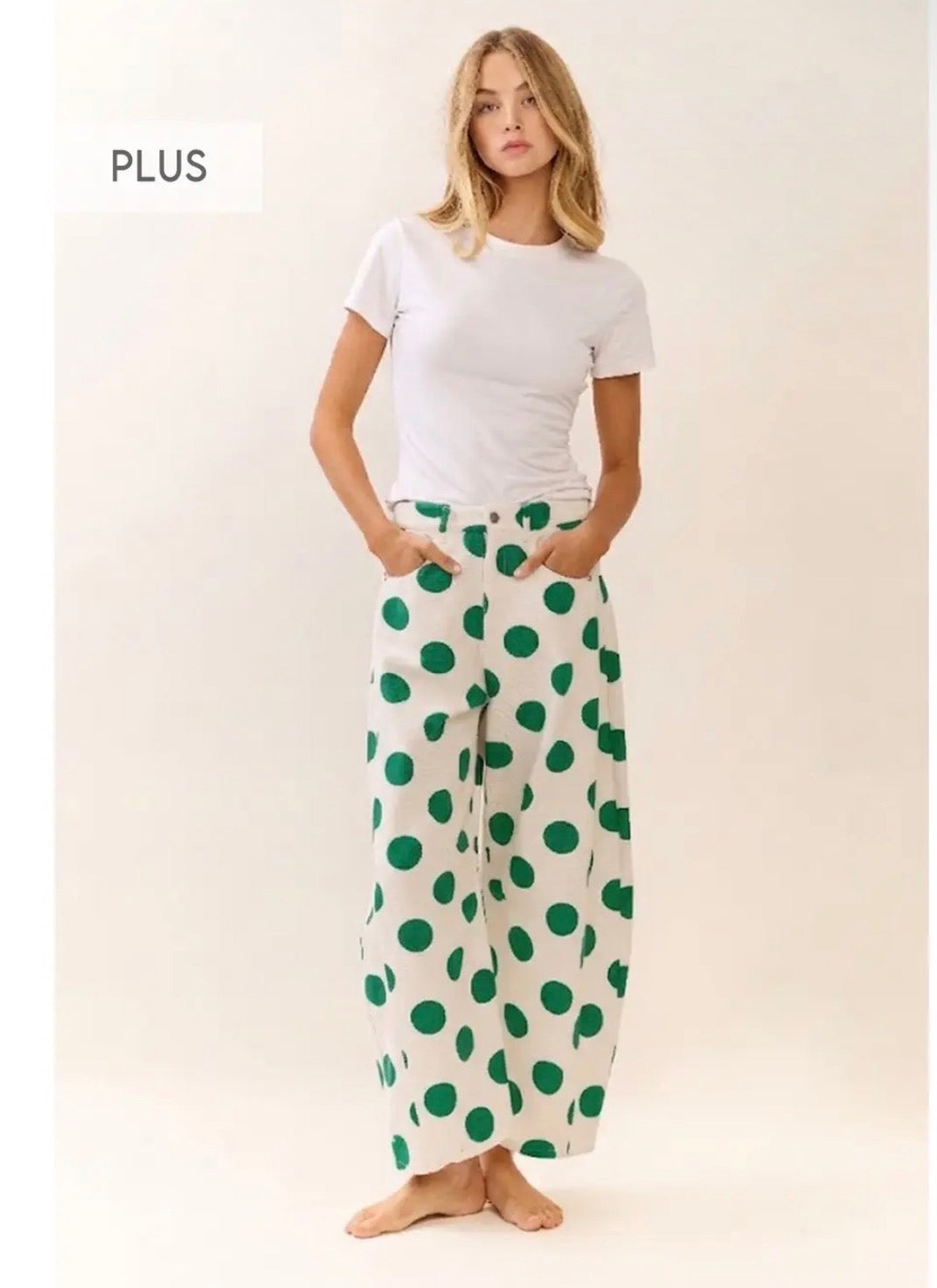 Plus Size Kelly Green Polka Dot Printed Barrel Denim Pants