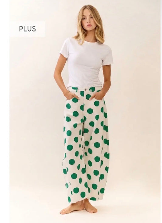 Plus Size Kelly Green Polka Dot Printed Barrel Denim Pants