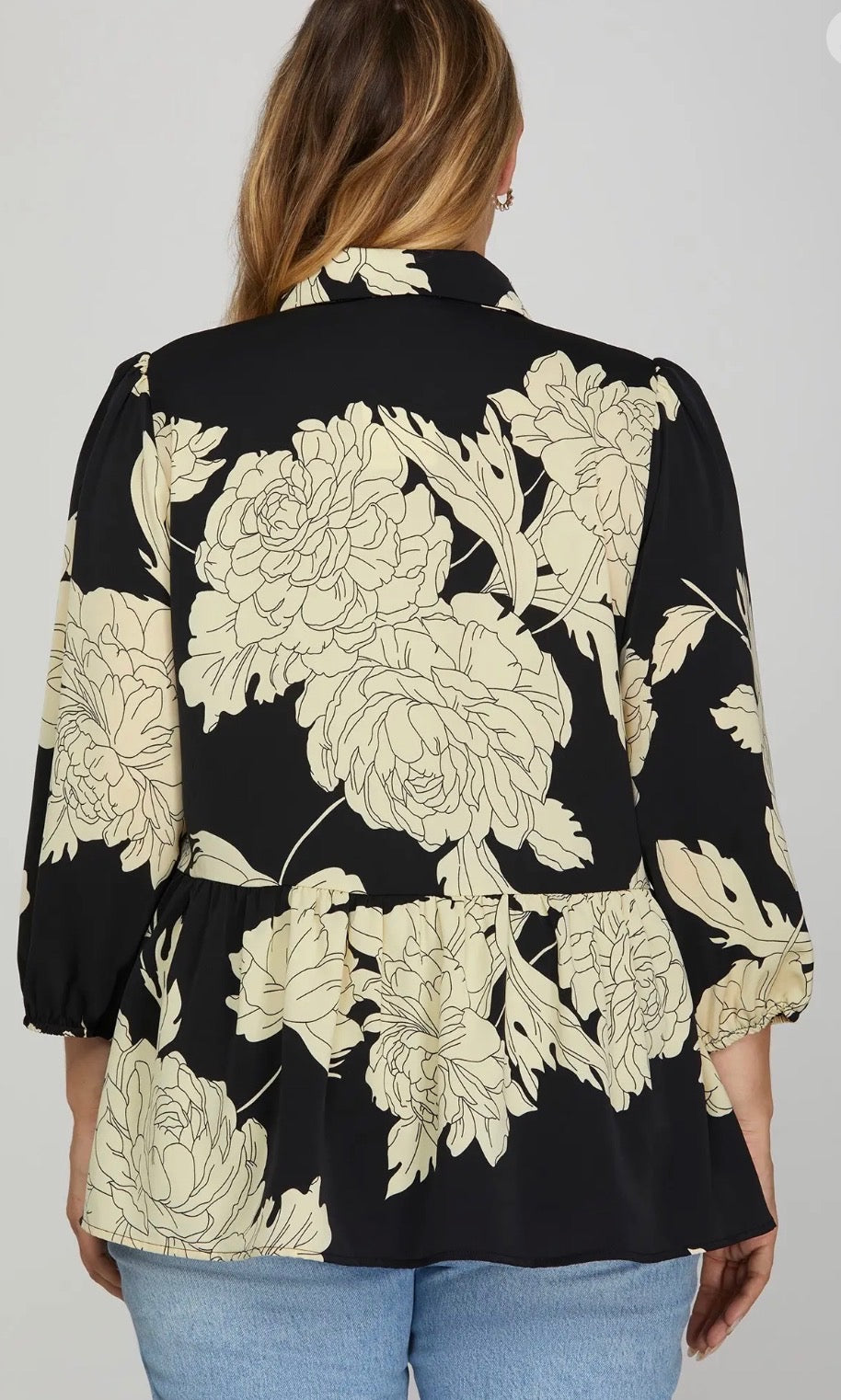 Plus Size 3/4 Sleeve Woven Print Collared Button Down Top