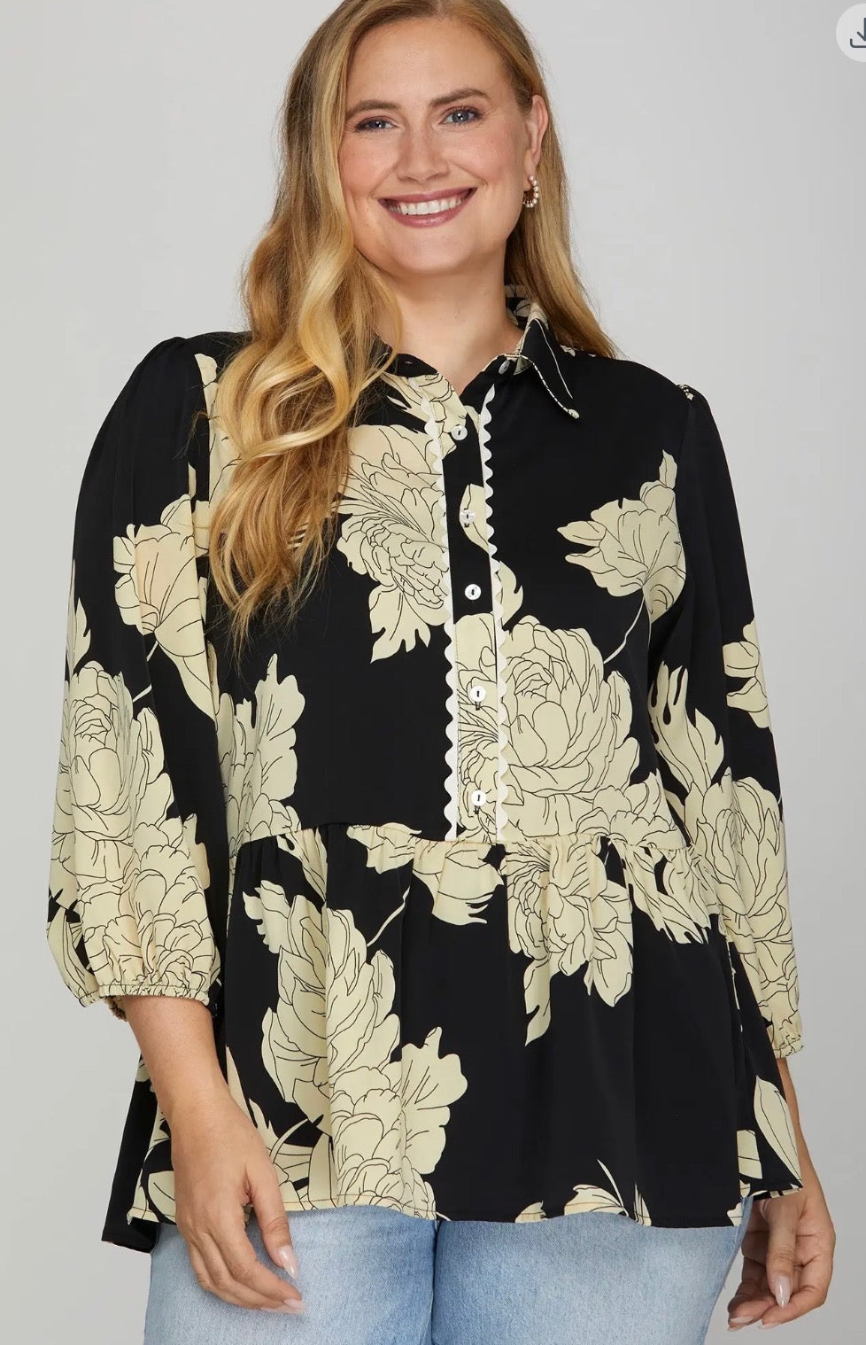 Plus Size 3/4 Sleeve Woven Print Collared Button Down Top