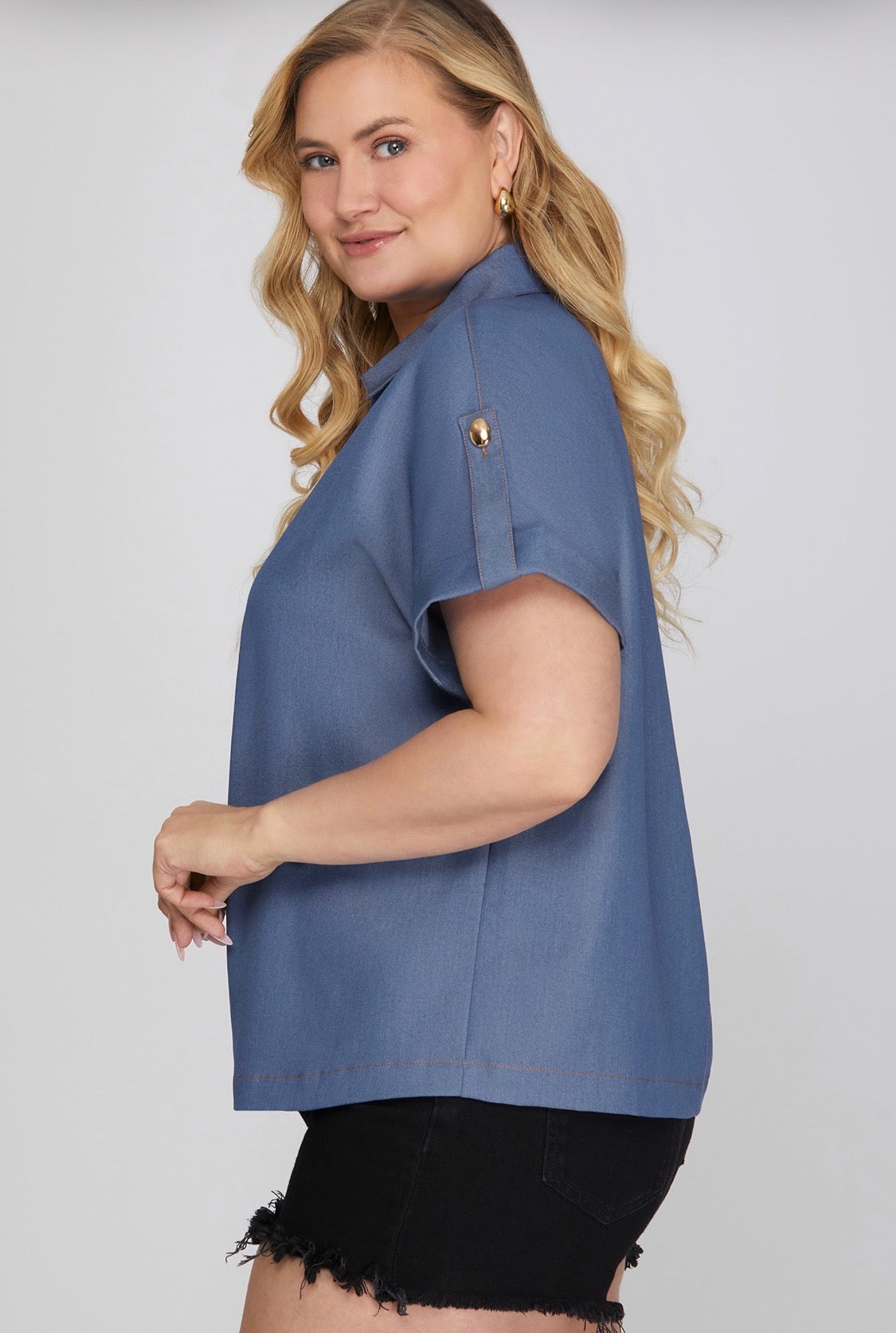 Plus Size Denim Drop Shoulder Roll,TapSleeve, with Gold Buttons